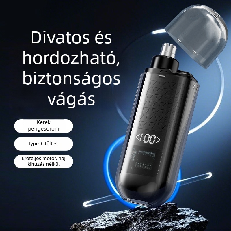 LCD kijelzős orrszőr-trimmel, rozsdamentes acél ház, hordozható, beépített lítium akkumulátor, 7 napos üzemidő