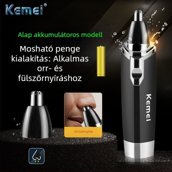 Kemei elektromos orrszőrnyíró, rozsdamentes acél penge, 360° mosható fej, száraz elemű működés