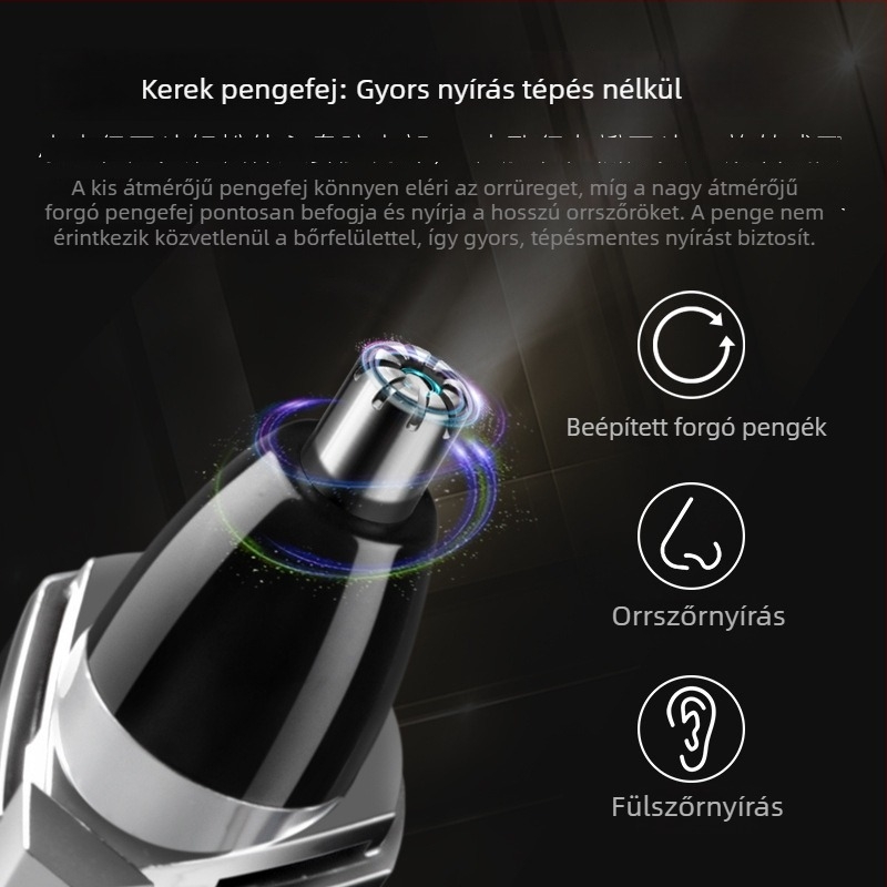 Kemei elektromos orrszőrnyíró, rozsdamentes acél penge, 360° mosható fej, száraz elemű működés
