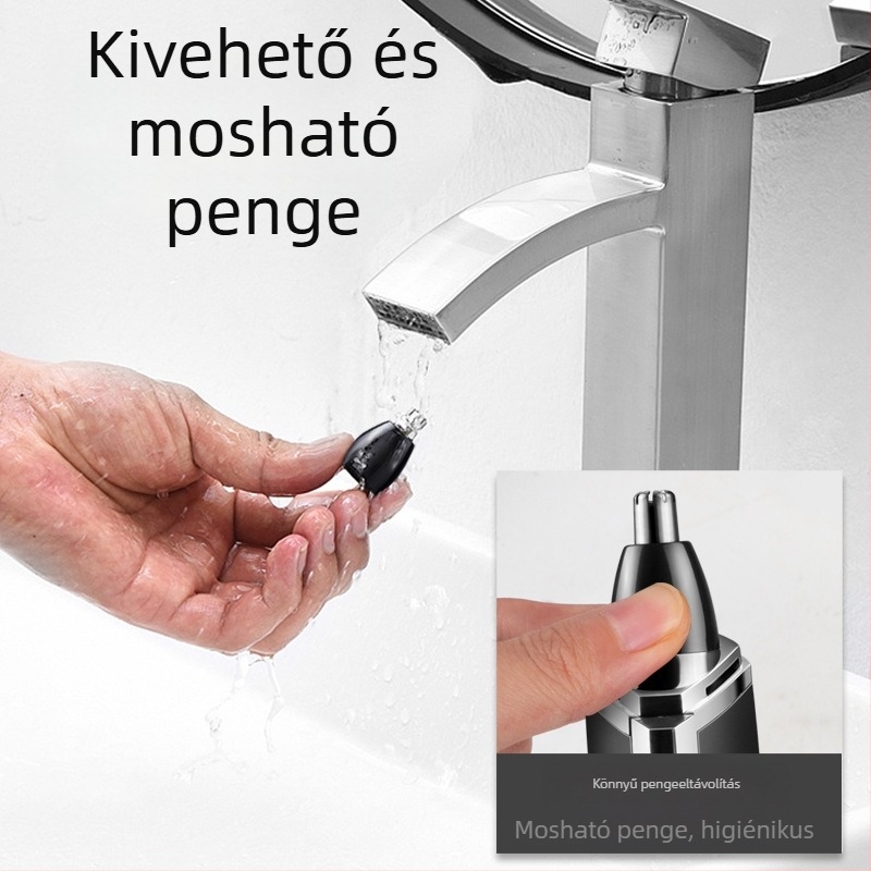 Kemei elektromos orrszőrnyíró, rozsdamentes acél penge, 360° mosható fej, száraz elemű működés