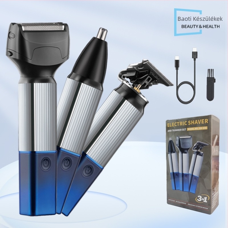 SH-530 3-in-1 hajvágó és borotva, USB-s, elektromos üzemmód, kefés motor, cserélhető fejek: hajvágáshoz, borotválkozáshoz és orr-szőr vágásához, kivehető és mosható vágófej