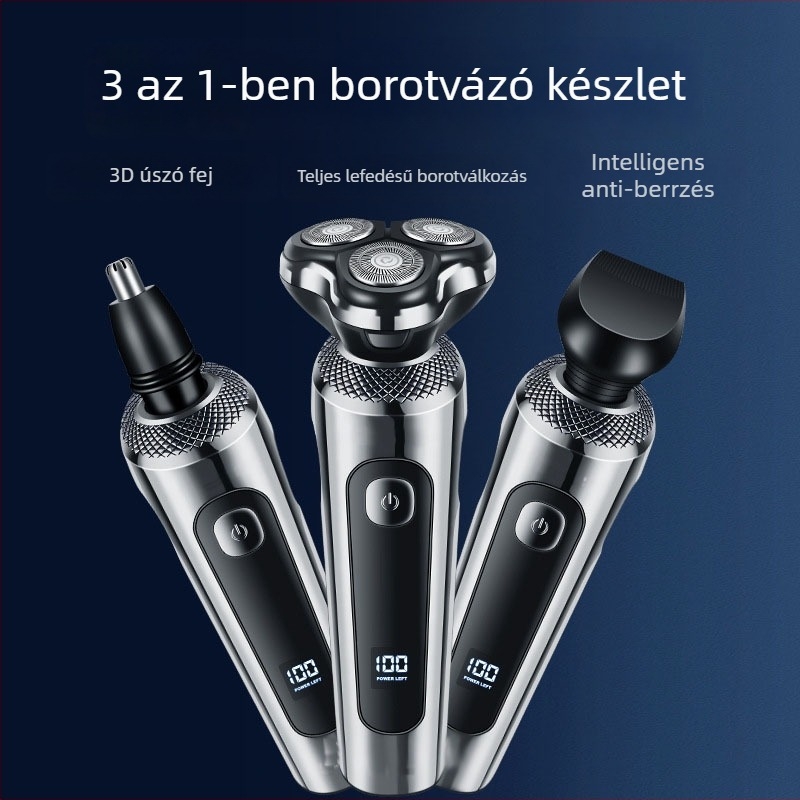 Elektromos borotva úszó fejjel, három pengével, teljesen mosható, LED kijelző, USB töltés, beépített 500–800 mAh akkumulátor, 45–60 perc működési idő, 2 órás töltési idő