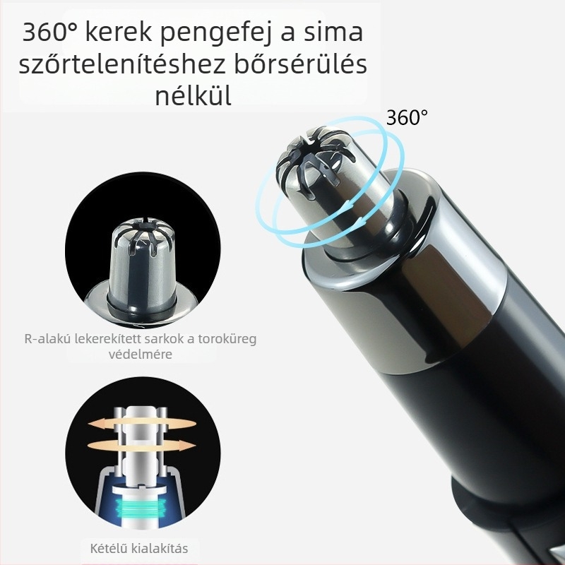 Elektromos orrszőr-nyíró, levehető és mosható fej, beépített akkumulátor 500–800 mAh, üzemidő több mint 15 nap