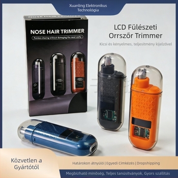 Elektromos orr-trimmelő – újratölthető, levehető, mosható pengefej, LCD kijelző, beépített 100–300 mAh akkumulátor, 7 napos üzemidő
