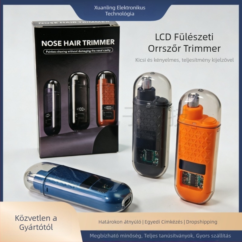 Elektromos orr-trimmelő – újratölthető, levehető, mosható pengefej, LCD kijelző, beépített 100–300 mAh akkumulátor, 7 napos üzemidő