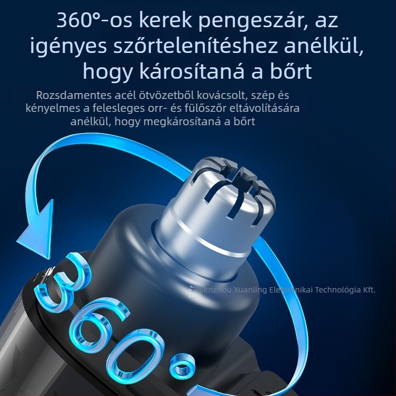 Elektromos orr-trimmelő – újratölthető, levehető, mosható pengefej, LCD kijelző, beépített 100–300 mAh akkumulátor, 7 napos üzemidő