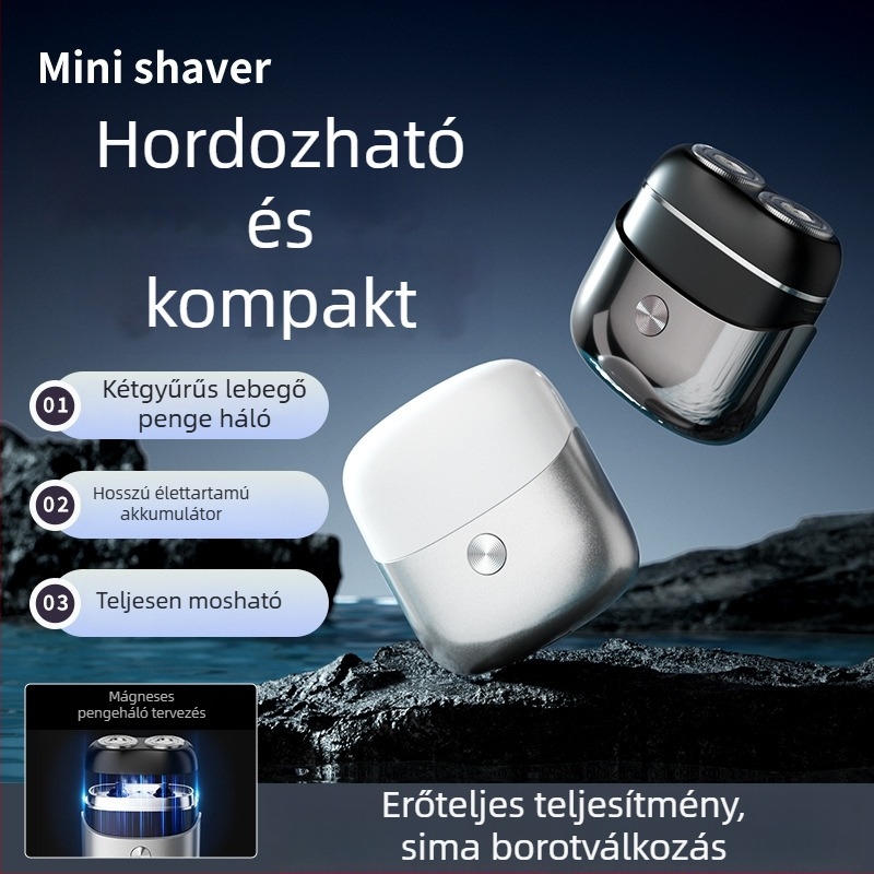 Úszó fejű elektromos borotva, hordozható, teljes testben mosható, forgó 2 pengés fej, beépített akkumulátor, 60 perc üzemidő, 1 órás töltés, nedves és száraz használat