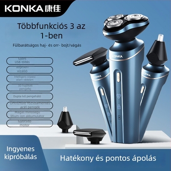 Elektromos borotva forgó 3‑pengéjű fejjel, lebegő vágófej, kivehető mosható fej, nedves és száraz használat, beépített 500–800 mAh akkumulátor, 1 órás töltés