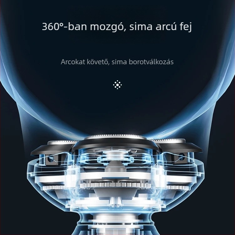 Elektromos borotva forgó 3‑pengéjű fejjel, lebegő vágófej, kivehető mosható fej, nedves és száraz használat, beépített 500–800 mAh akkumulátor, 1 órás töltés