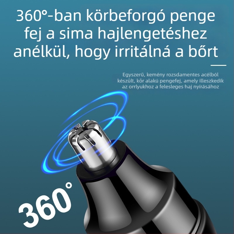 Elektromos orrszőr-trimmer, újratölthető, beépített 300–500 mAh akkumulátor, több mint 30 napos üzemidő, levehető, moshatható penge, ABS test