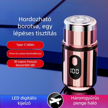 Hengeres elektromos borotva LED kijelzővel, hordozható, 1 forgófej, levehető és mosogatható fej, beépített 300–500 mAh akkumulátor, zaj < 36 dB