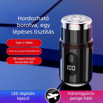 Hengeres elektromos borotva LED kijelzővel, hordozható, 1 forgófej, levehető és mosogatható fej, beépített 300–500 mAh akkumulátor, zaj < 36 dB