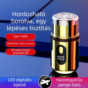 Hengeres elektromos borotva LED kijelzővel, hordozható, 1 forgófej, levehető és mosogatható fej, beépített 300–500 mAh akkumulátor, zaj < 36 dB