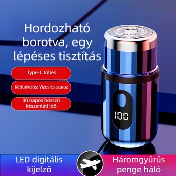 Hengeres elektromos borotva LED kijelzővel, hordozható, 1 forgófej, levehető és mosogatható fej, beépített 300–500 mAh akkumulátor, zaj < 36 dB