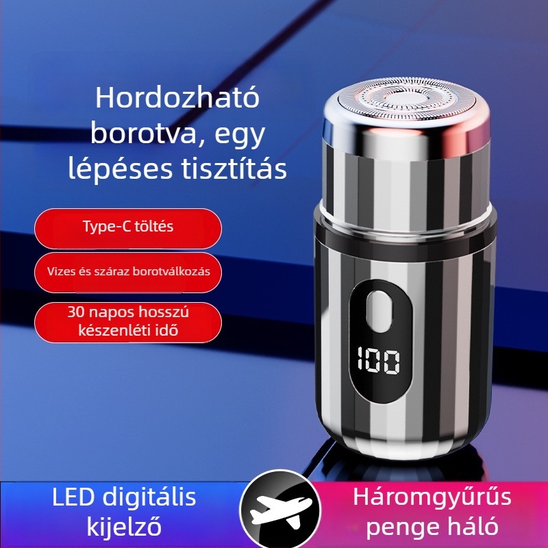 Hengeres elektromos borotva LED kijelzővel, hordozható, 1 forgófej, levehető és mosogatható fej, beépített 300–500 mAh akkumulátor, zaj < 36 dB