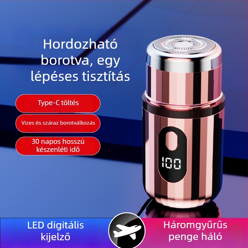 Hengeres elektromos borotva LED kijelzővel, hordozható, 1 forgófej, levehető és mosogatható fej, beépített 300–500 mAh akkumulátor, zaj < 36 dB