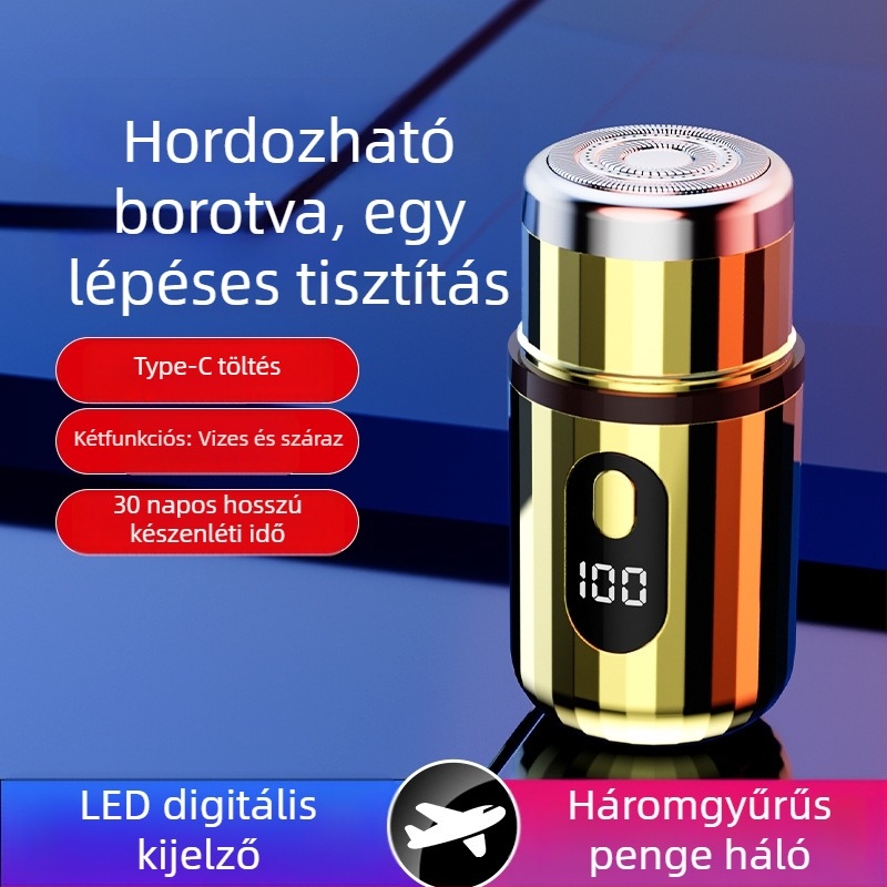 Hengeres elektromos borotva LED kijelzővel, hordozható, 1 forgófej, levehető és mosogatható fej, beépített 300–500 mAh akkumulátor, zaj < 36 dB