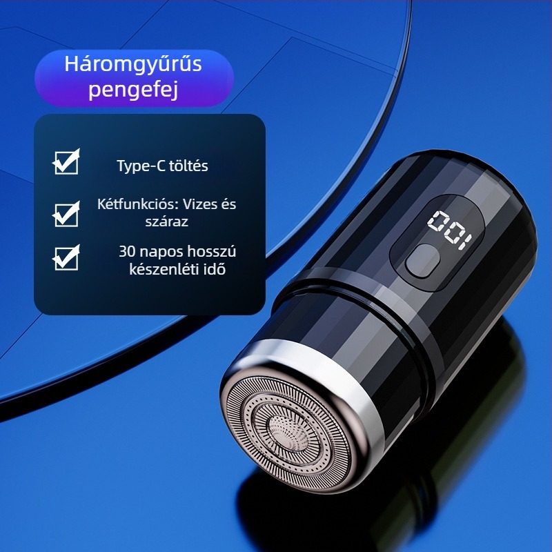 Hengeres elektromos borotva LED kijelzővel, hordozható, 1 forgófej, levehető és mosogatható fej, beépített 300–500 mAh akkumulátor, zaj < 36 dB
