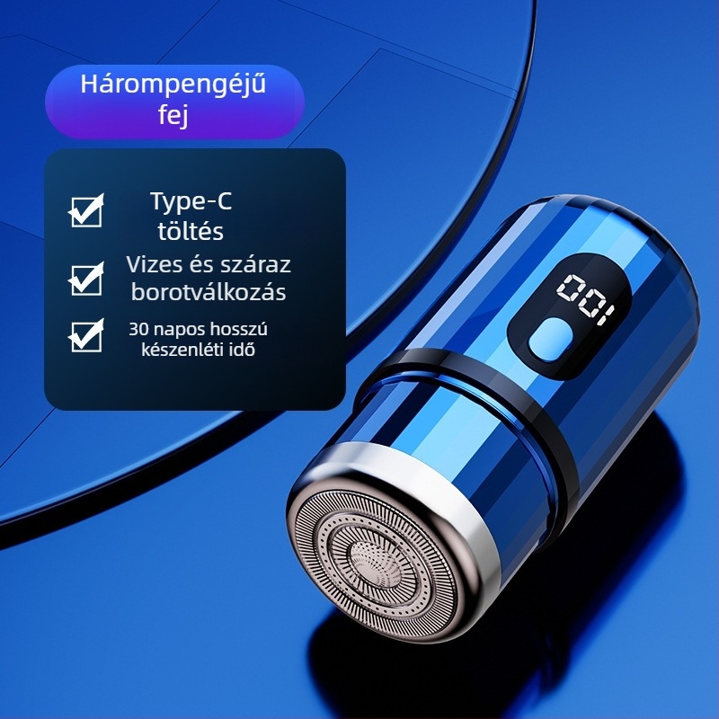 Hengeres elektromos borotva LED kijelzővel, hordozható, 1 forgófej, levehető és mosogatható fej, beépített 300–500 mAh akkumulátor, zaj < 36 dB