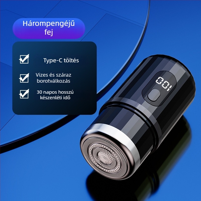 Hengeres elektromos borotva LED kijelzővel, hordozható, 1 forgófej, levehető és mosogatható fej, beépített 300–500 mAh akkumulátor, zaj < 36 dB