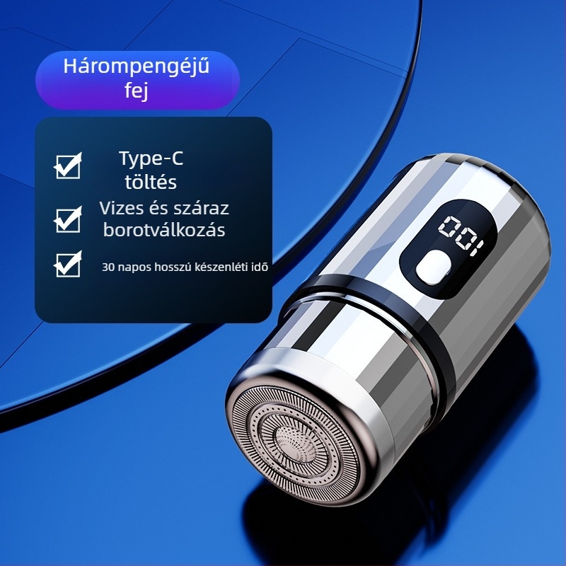 Hengeres elektromos borotva LED kijelzővel, hordozható, 1 forgófej, levehető és mosogatható fej, beépített 300–500 mAh akkumulátor, zaj < 36 dB