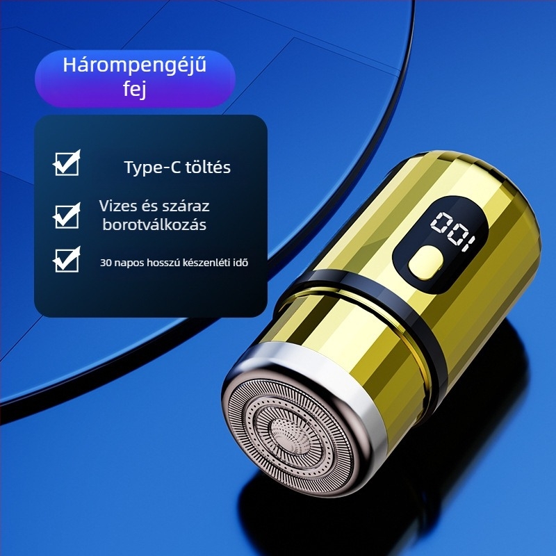 Hengeres elektromos borotva LED kijelzővel, hordozható, 1 forgófej, levehető és mosogatható fej, beépített 300–500 mAh akkumulátor, zaj < 36 dB