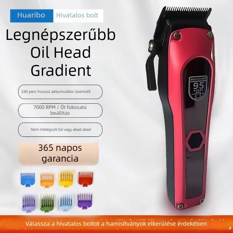 Titánium ötvözet pengével készült hajvágó készülék, fém ház, beépített akkumulátor 2000–4000 mAh, működési idő 3–6 óra, kefés motor, leválasztható és mosható vágófej