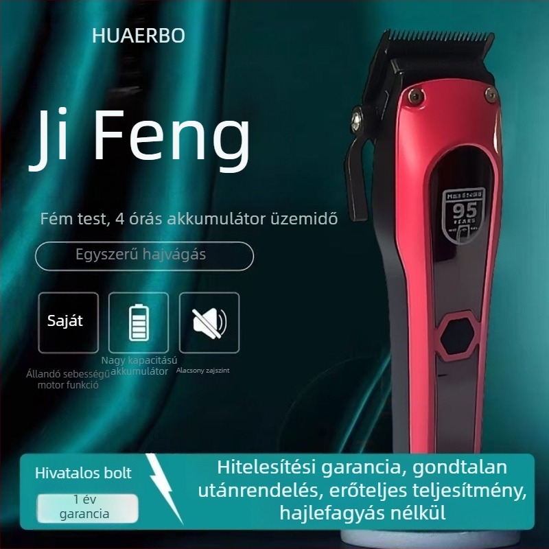 Titánium ötvözet pengével készült hajvágó készülék, fém ház, beépített akkumulátor 2000–4000 mAh, működési idő 3–6 óra, kefés motor, leválasztható és mosható vágófej