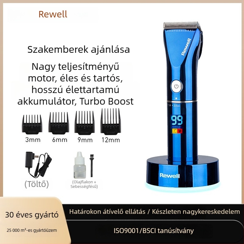 Riwei RFCD-F17 professzionális hajvágó digitális kijelzővel, kerámiakéssel, cserélhető és mosható vágófejjel, vízálló, kettős üzemmódú tápellátás (töltés vagy vezetékes), 12W