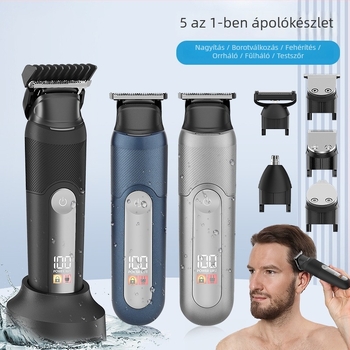 5 az 1-ben multi-funkciós testszőrzet-trimmelő, újratölthető, vízálló, rozsdamentes acél pengék, 800–1000 mAh akkumulátor, 1–3 órás üzemidő