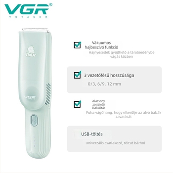 Baba hajvágó kerámia fejjel, beépített 500–800 mAh akkumulátor, 1–3 órás üzemidő, alacsony zaj 46–70 dB, vízálló