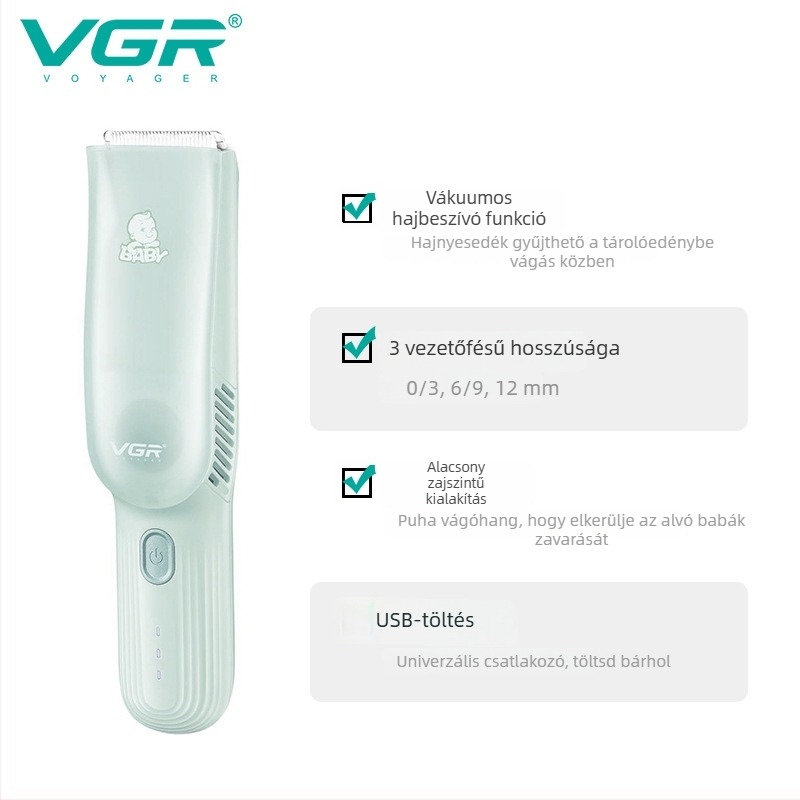 Baba hajvágó kerámia fejjel, beépített 500–800 mAh akkumulátor, 1–3 órás üzemidő, alacsony zaj 46–70 dB, vízálló