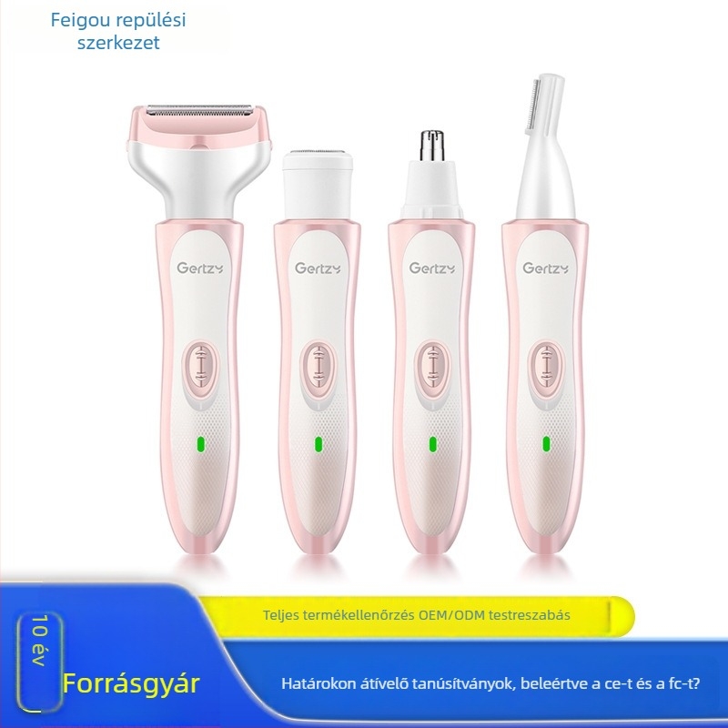 4 az 1-ben női elektromos ápolókészlet: orr-szőrzet vágása, arcforma szemöldök, oldalszakáll formázás és borotválás; újratölthető beépített 300–500 mAh akkumulátor; ABS burkolat