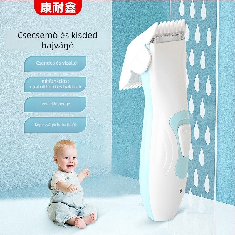 Baba hajvágó – csendes, vízálló, újratölthető; kerámia vágófej, cserélhető és mosó; kefés motor; beépített 500–800 mAh akkumulátor; üzemidő 1–3 óra