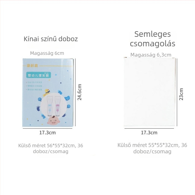 Baba hajvágó – csendes, vízálló, újratölthető; kerámia vágófej, cserélhető és mosó; kefés motor; beépített 500–800 mAh akkumulátor; üzemidő 1–3 óra