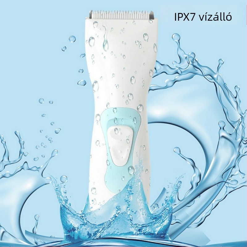 Baba hajvágó – csendes, vízálló, újratölthető; kerámia vágófej, cserélhető és mosó; kefés motor; beépített 500–800 mAh akkumulátor; üzemidő 1–3 óra