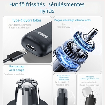 Elektromos orrnyíró, hordozható, ABS burkolat, beépített lítium akkumulátor 100–300 mAh, levehető és mosható fej, üzemidő több mint 30 nap