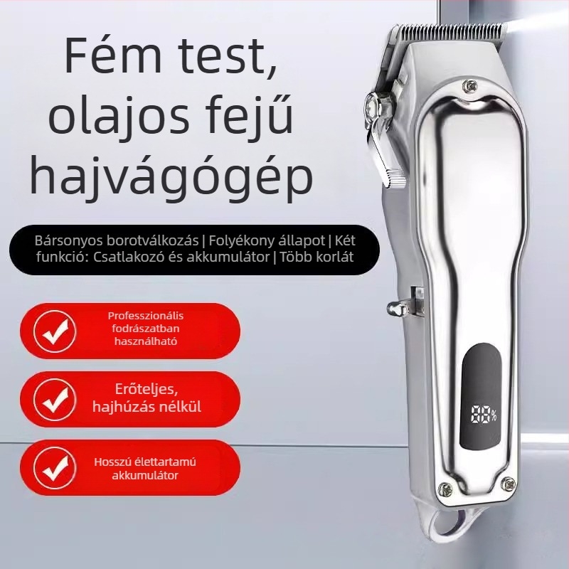 Beépített akkumulátoros elektromos hajvágó, hálózati üzemmód (plug-in), brushless motor, rozsdamentes acél pengék, zaj kevesebb mint 36 dB