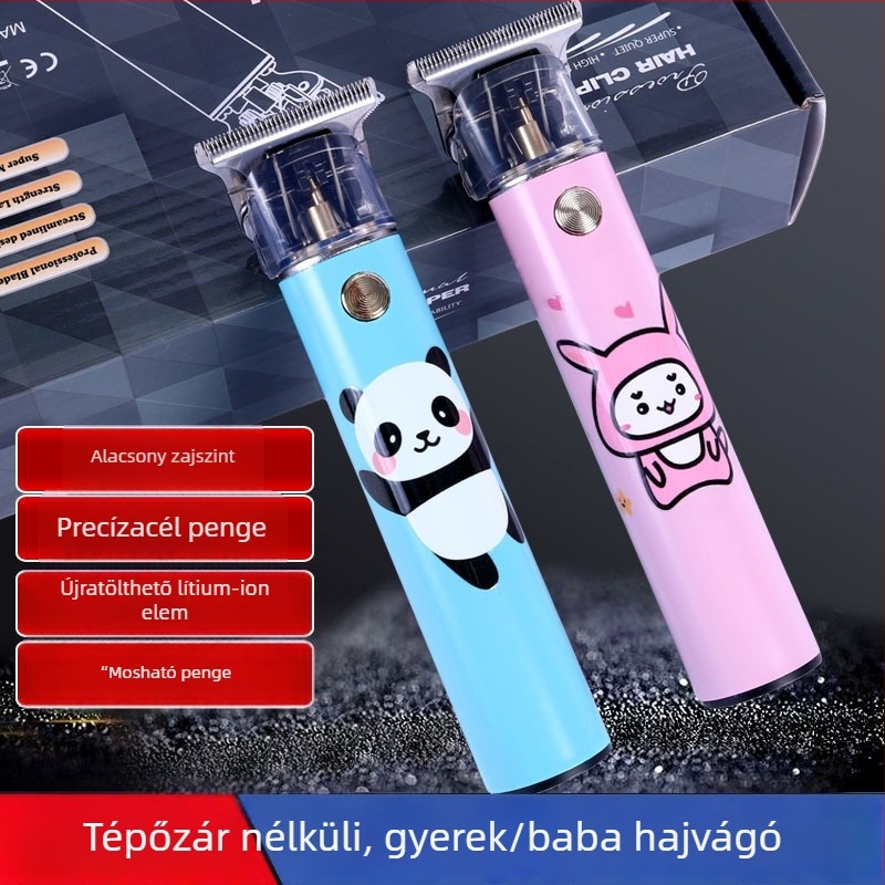 Gyerekeknek szánt elektromos hajvágó otthoni használatra, feltölthető üzemmód, cserélhető, mosható vágófej, rozsdamentes acél pengék, nyuszi dizájn