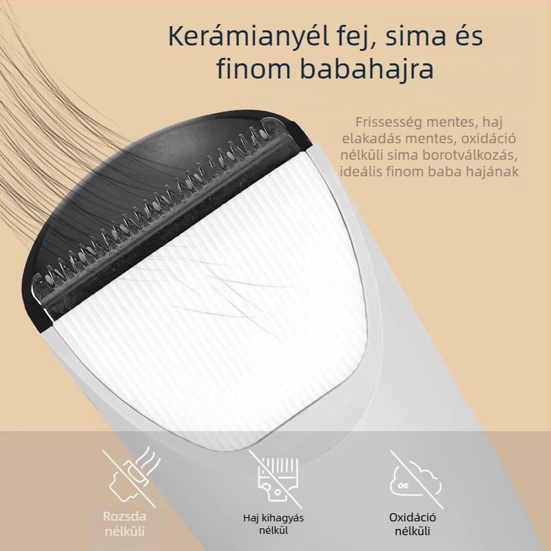 Újszülött korú gyermekeknek szánt elektromos hajvágó: csendes, brushless motor, titán ötvözetű penge, leválasztható és mosható vágófej, beépített akkumulátor 500–800 mAh, akár 1 óráig működik.