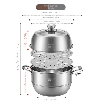 MAXCOOK 304 rozsdamentes acél gőzölő edény, háromszintes kialakítás, univerzális főzőfelülethez, 2 kg, modell MCZ699