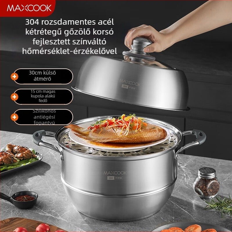 MAXCOOK 304 rozsdamentes acél gőzölő edény, háromszintes kialakítás, univerzális főzőfelülethez, 2 kg, modell MCZ699
