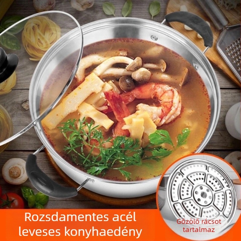 Párolóedény vastagított rozsdamentes acélból, 400-as sorozat, egyetlen alj, többfunkciós leves- és tejfőző edény, gáztűzhelyhez kompatibilis