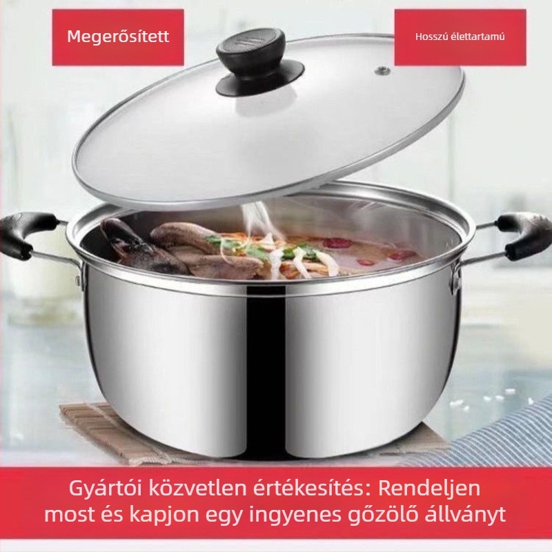 Párolóedény vastagított rozsdamentes acélból, 400-as sorozat, egyetlen alj, többfunkciós leves- és tejfőző edény, gáztűzhelyhez kompatibilis