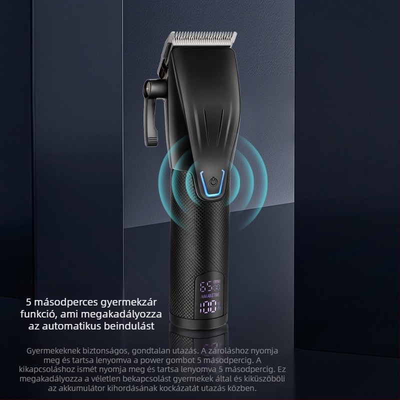 Kefés motoros hajvágó, rozsdamentes acél pengével, beépített akkumulátor 1200–2000 mAh, üzemidő 1–3 óra, zaj 36–45 dB