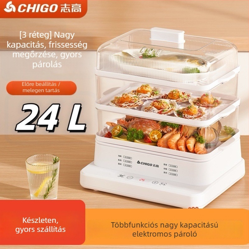 Háztartási elektromos pároló három szintes, nagy kapacitású 24 L+, időzítő, érintéses vezérlés, 800W