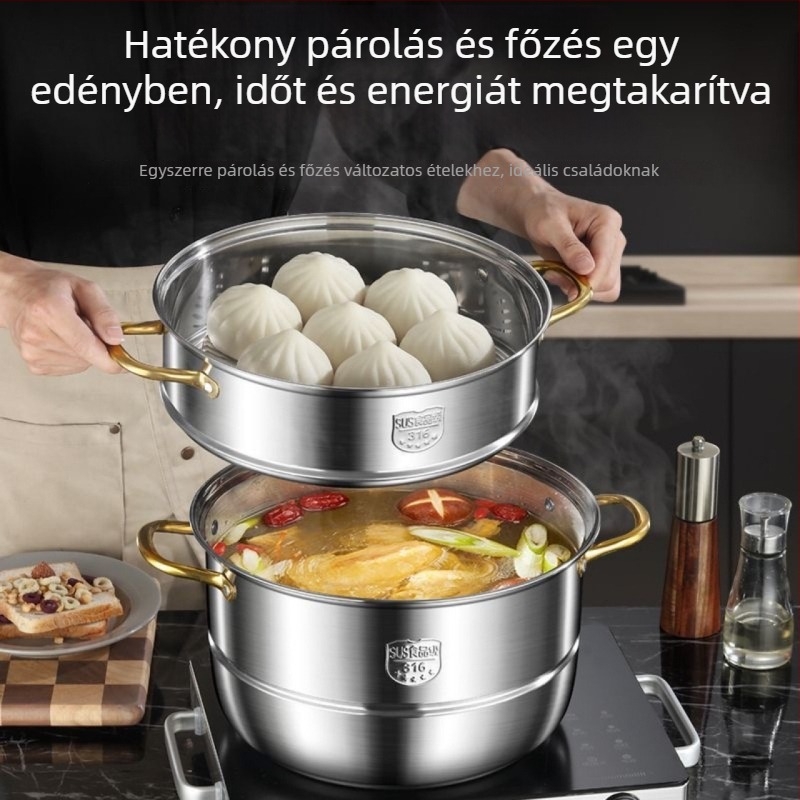 316 rozsdamentes acél gőzölelő edény, vastagított élelmiszer-minőségű, 3 réteges, háromrétegű aljzat, kompatibil indukciós tűzhely és gázfőzővel, tömeg 2 kg