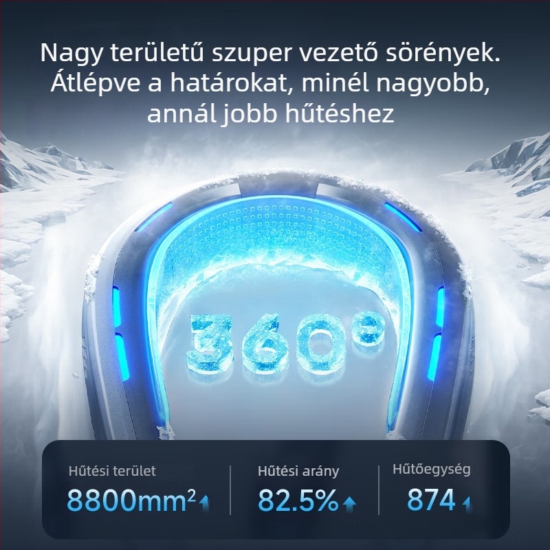 Nyakba akasztható ventilátor jéghidegítővel, beépített 4000–6000 mAh akkumulátor, üzemidő 6–8 óra, 3 sebesség