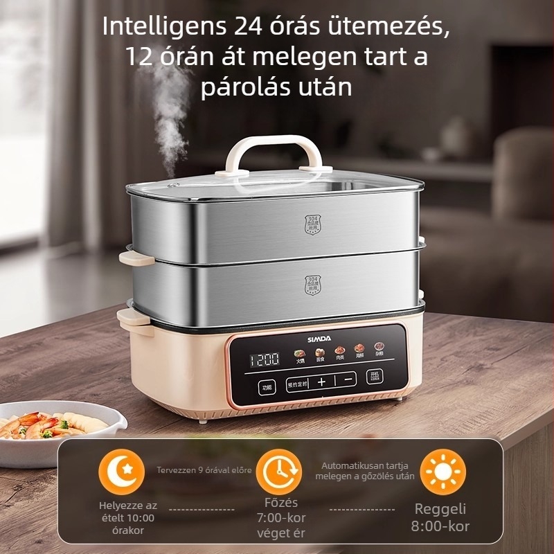 Dg-10a Rozsdamentes acél elektromos pároló – kapacitás >10 L, több mint 3 réteg, 1200W, 220V, funkciók: párolás, főzés, sütés, hot pot
