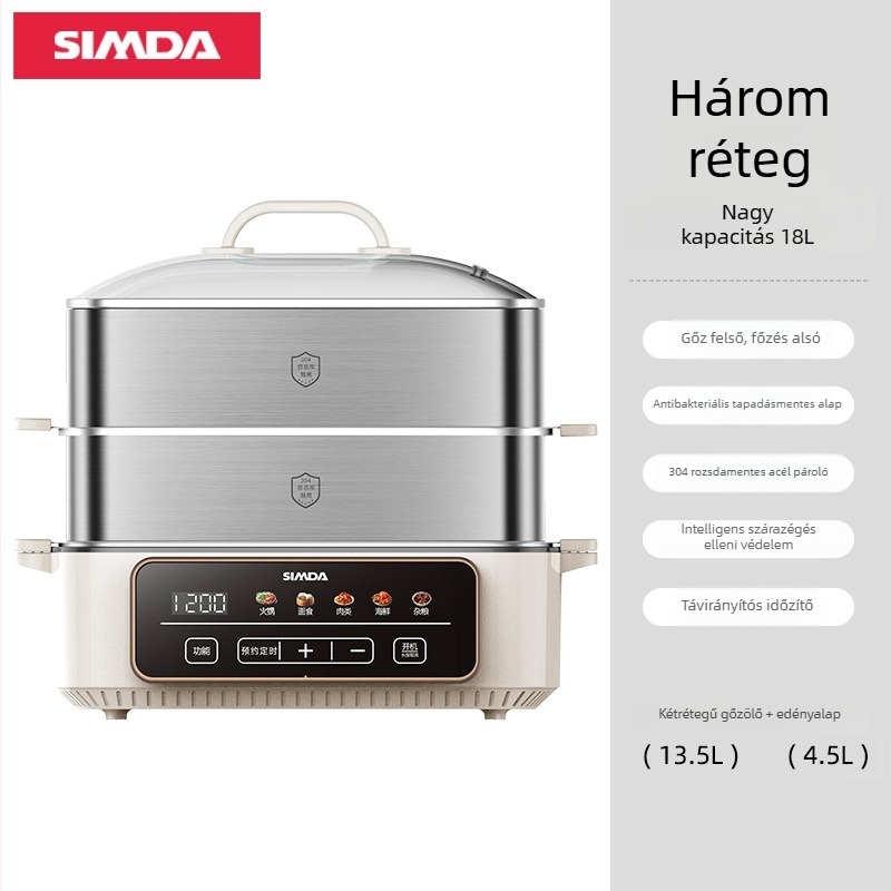 Dg-10a Rozsdamentes acél elektromos pároló – kapacitás >10 L, több mint 3 réteg, 1200W, 220V, funkciók: párolás, főzés, sütés, hot pot